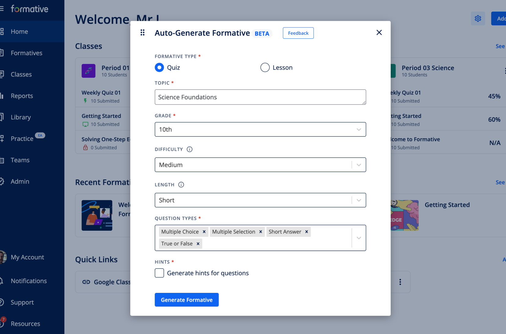 Early AI generation workflow for creating a quiz or lesson from teacher-defined inputs.