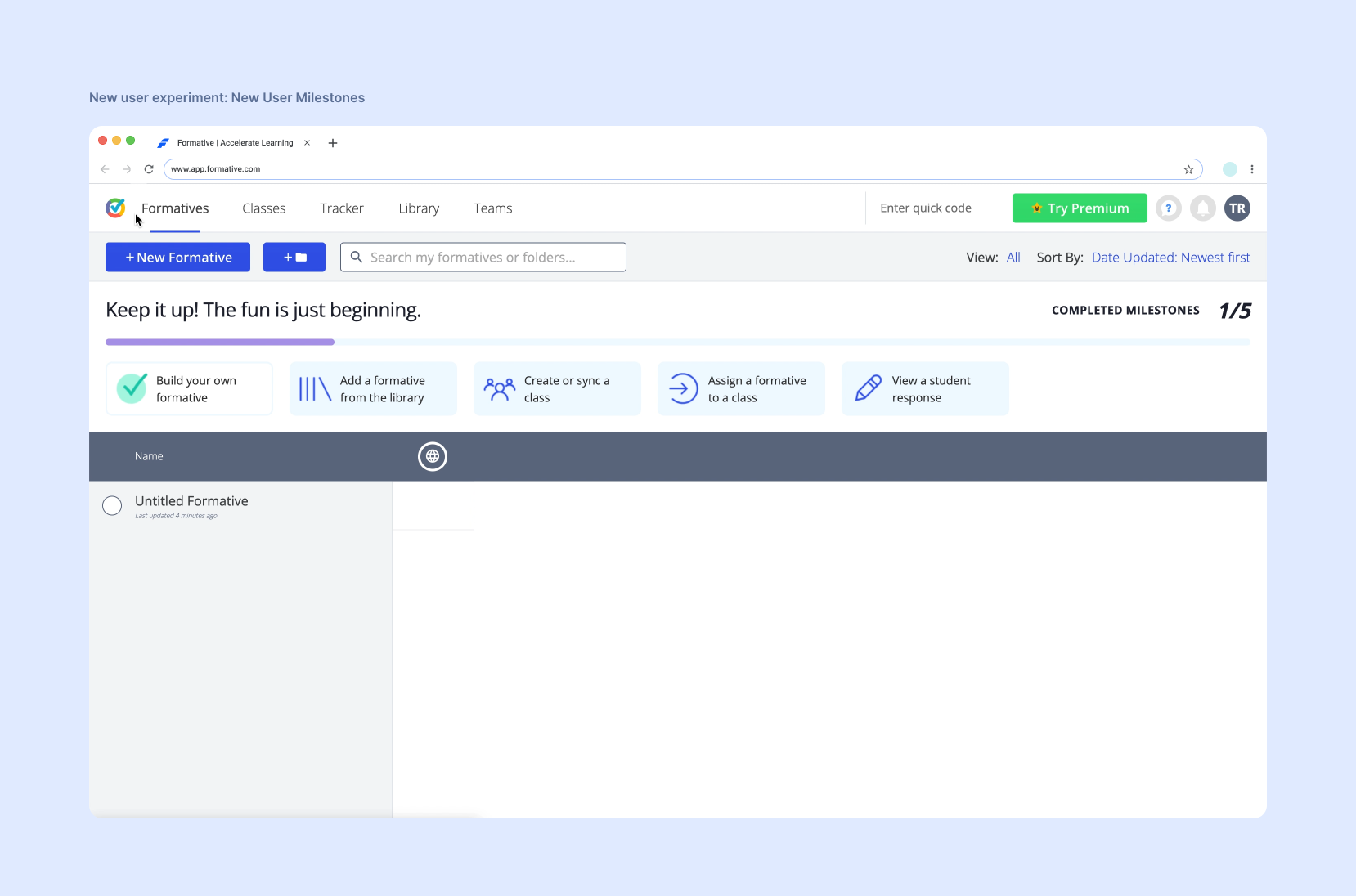 Standardized presentation of the new-user milestones experiment, showing the path from creating an activity to viewing a student response.