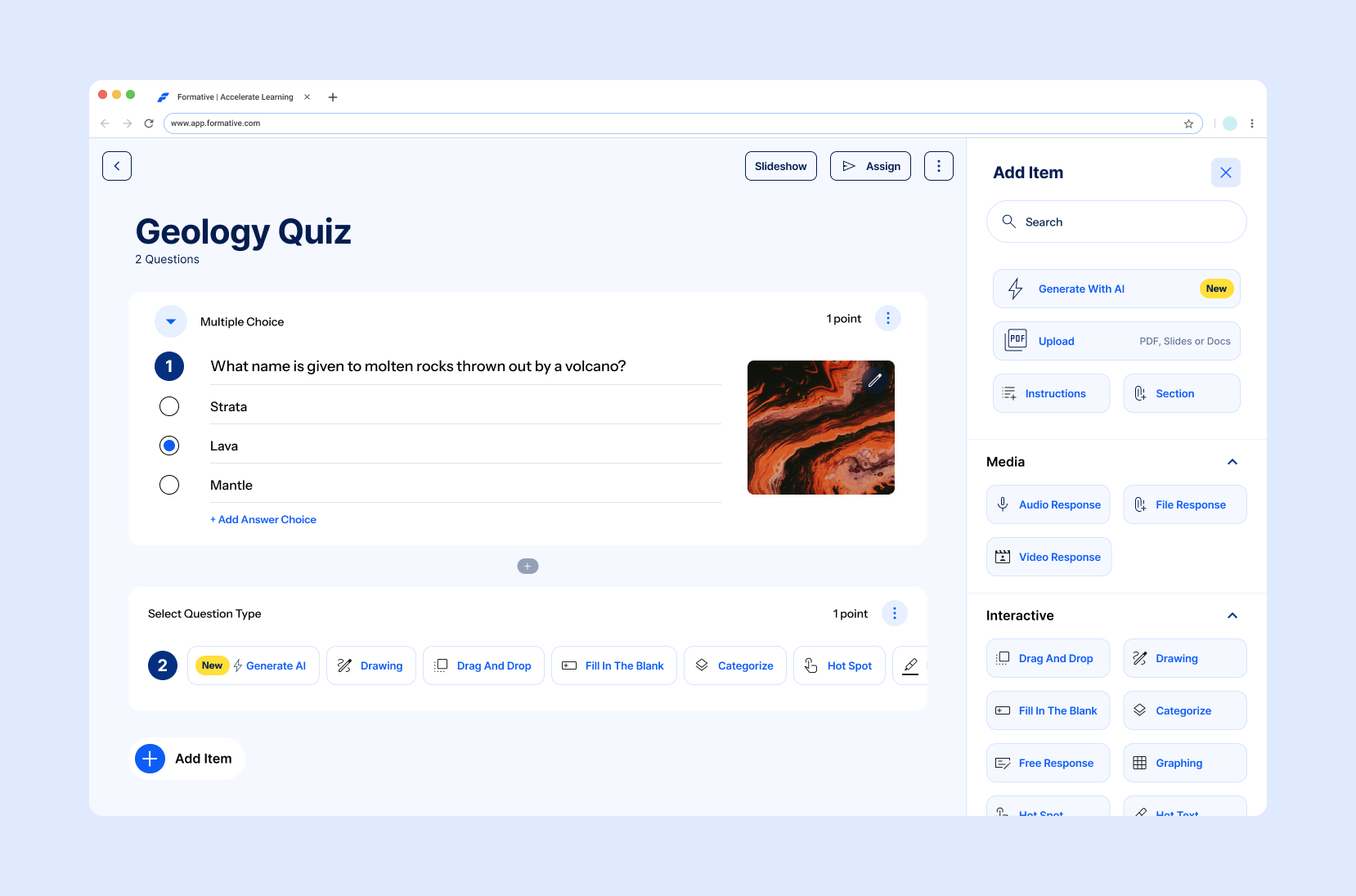 Redesigned assessment-building experience with the contextual creation toolkit open.