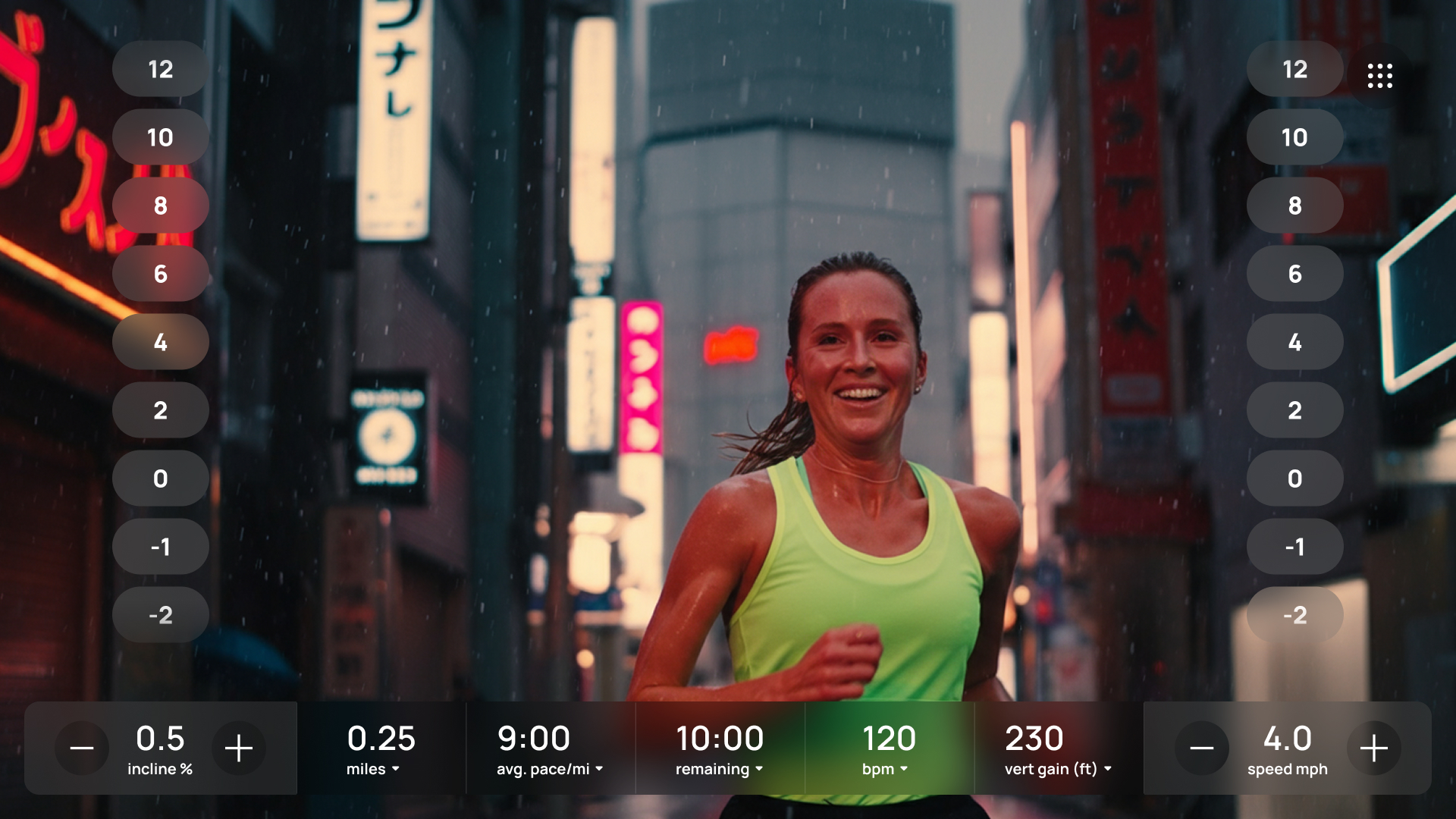 iFIT running interface showing workout metrics over an immersive scenic training view.