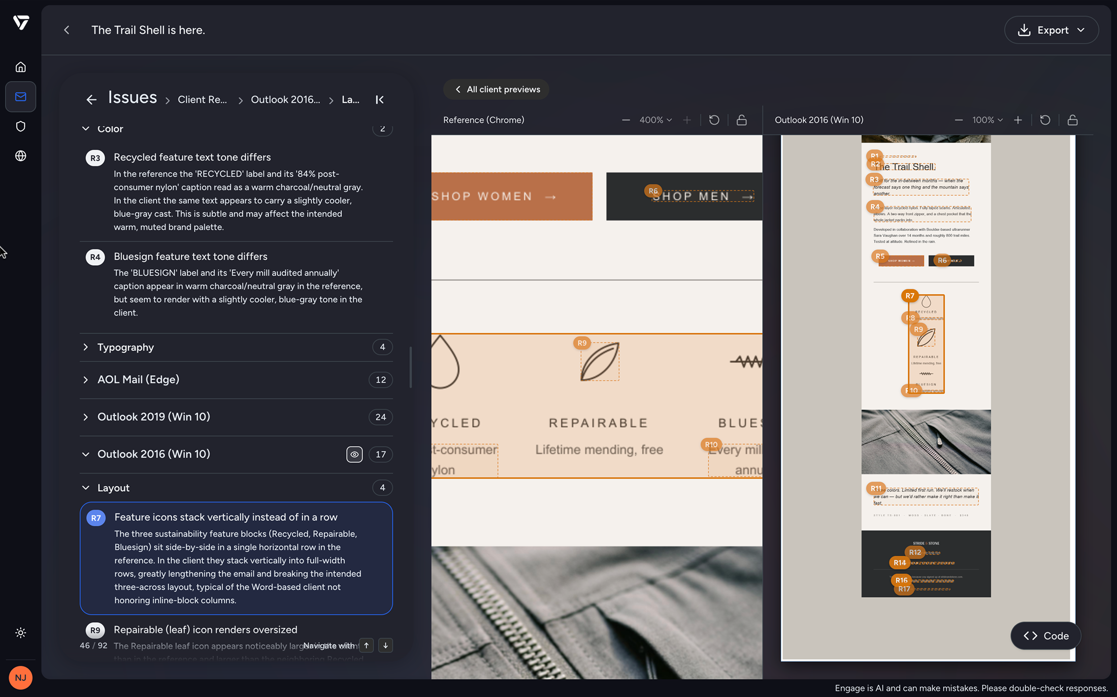 Validity Engage Email QA workspace connecting AI-surfaced issues with client previews, supporting evidence, and code-level context.